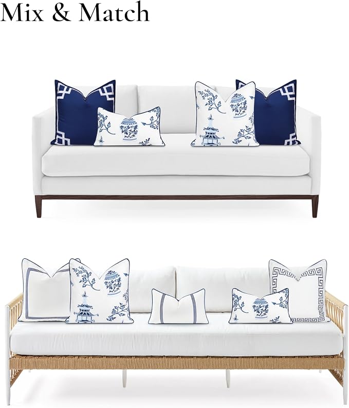 Hofdeco Premium Coastal Patio Indoor Outdoor Throw Pillow Cover Only, 20"x20" Water Repellent for Backyard, Couch, Navy Blue Chinoiserie with Piping (Pack of 2)