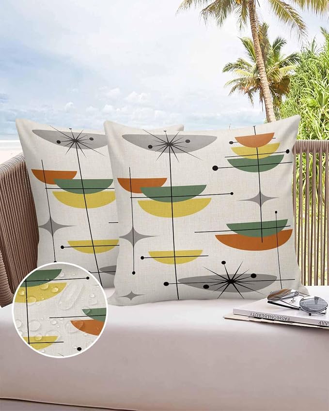 Vandarllin Outdoor Throw Pillows Covers 20x20 inch Set of 2 Waterproof Boho Mid Century Decorative Zippered Cushion Covers for Patio Furniture, Sage Green Yellow Geometric Abstract Lumbar Pillowcases