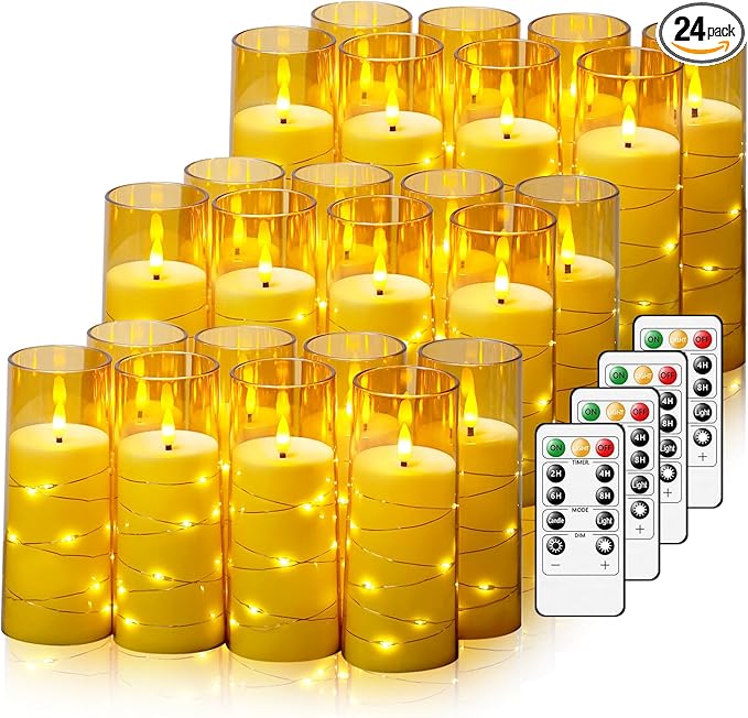 Nimiko Flickering Flameless LED Candles,Battery Operated Candles 24 Pcs with Embedded Star String,Acrylic LED Pillar Candles with Remote,Suitable for Home Decoration to Create an Atmosphere (Gold)