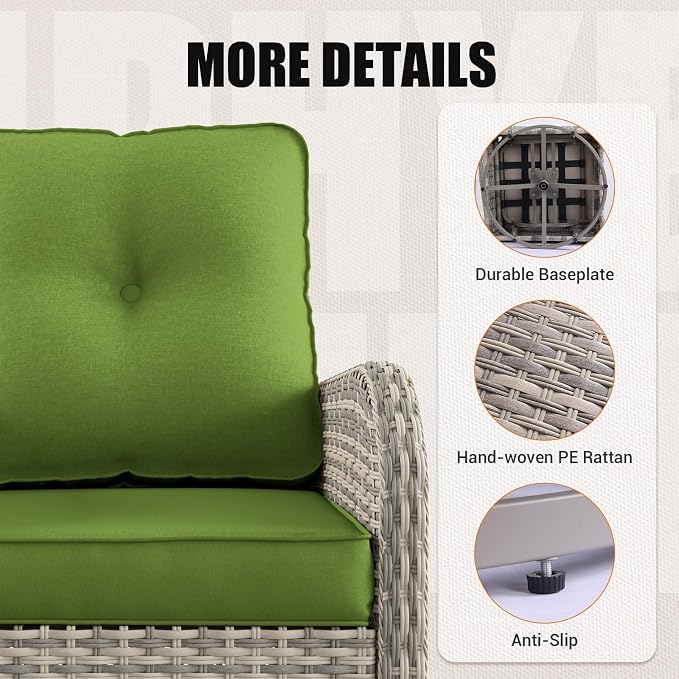 Outdoor Patio Furniture Set Patio Rocking Swivel Chair with Tempered Glass Side Table, Outdoor Wicker Rattan Bistro Set with Ottomans for Garden, Deck, and Balcony, Avocado Green
