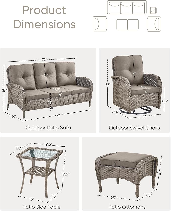 6 Pieces Outdoor Furniture-Patio Swivel Rocker Chairs Set of 2 3-Seater Wicker Couch with Outdoor Ottoman Outdoor Patio Furniture Set for Deck Porch Garden Balcony Poolside-Grey/Grey
