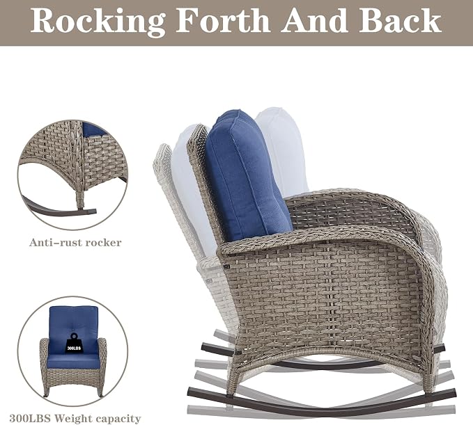 Belord Patio Rocking Chairs Wicker Set - Outdoor Rocking Chairs Set of 2 with Side Table, 3 Piece Patio Rocker Furniture Set with Water-Resistant Cushions for Porch Balcony Backyard