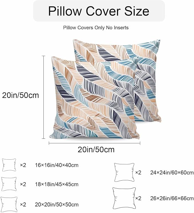 Vandarllin Outdoor Throw Pillows Covers 18x18 inch Set of 2 Waterproof Summer Beach Decorative Zippered Cushion Covers for Patio Furniture, Yellow Blue Ombre Abstract Leaf Lines Lumbar Pillowcases