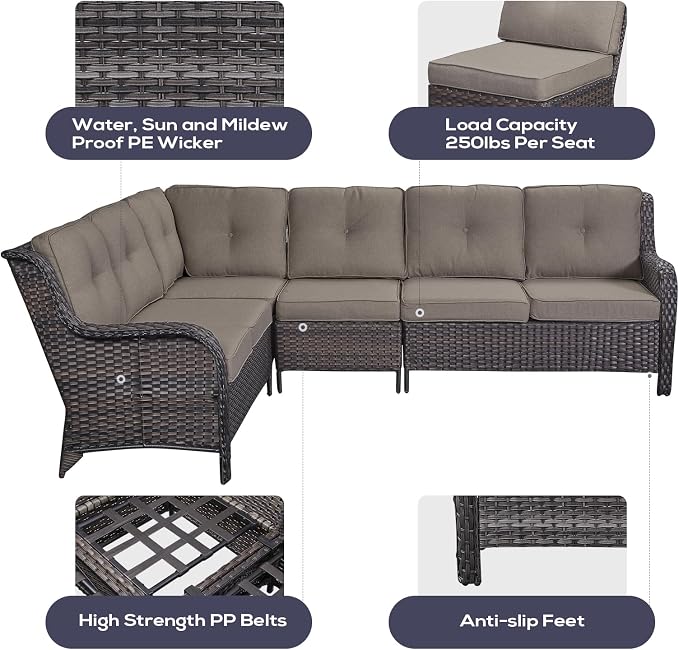 Belord Patio Furniture Set 6 Seats, Outdoor Swivel Rocker Patio Chairs, Oversized Outdoor Sectional Couch, Two 3-Seater Sofas with Coffee Table, Ideal for Porch, Deck, Brown Wicker/Gray