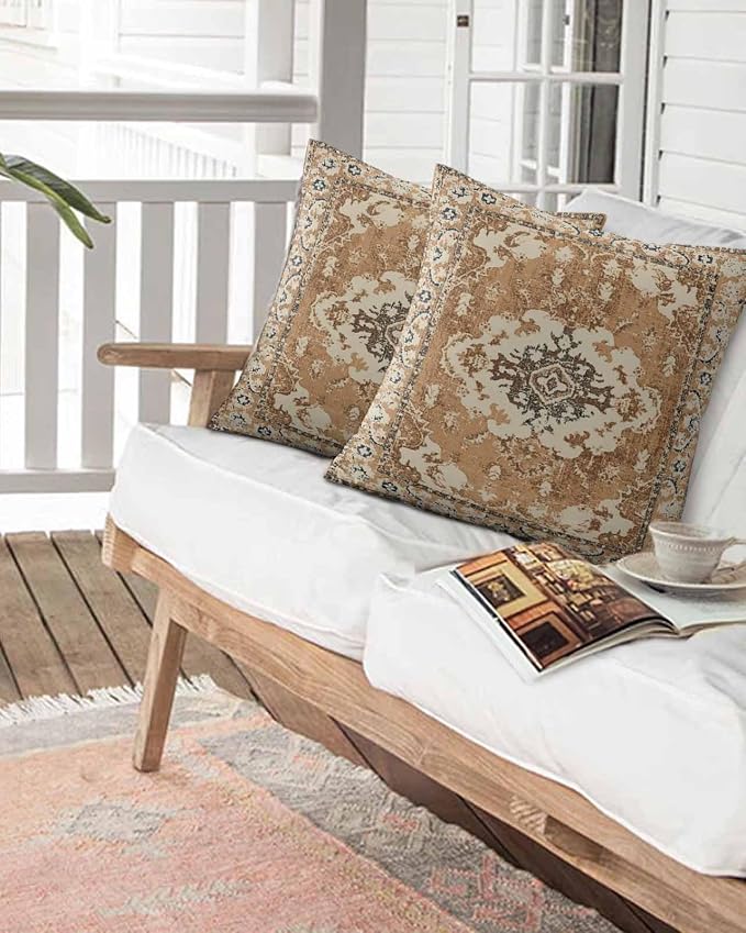 Outdoor Waterproof Throw Pillows Brown Boho Vintage Pattern Ethnic Style Patio Pillows Pack of 2,Decorative Pillow Covers with Insert,Pillow Cushion Case for Garden Couch Sofa Geometric Abstract Art