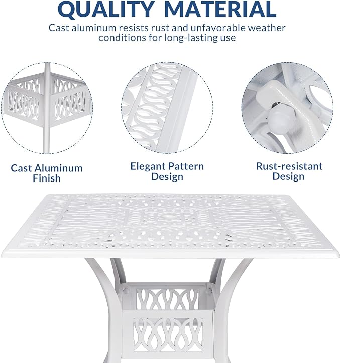 5-Piece Outdoor Patio Dining Set, All-Weather Cast Aluminum Patio Table Set, Include 4 Cushioned Chairs and a 35.4 inch Square Table w/Umbrella Hole for Balcony Garden Backyard, Green