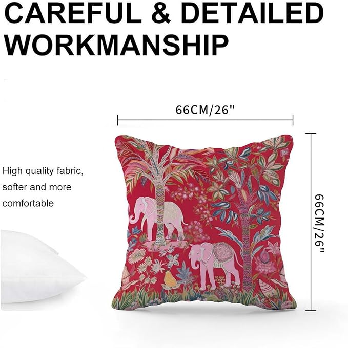 Animal Pink Chinoiserie Pillow Cover Thailand Elephant Jungle Throw Pillow Cover Classic Throw Pillow Covers Farmhouse Decorative for Patio Garden Couch Deck Chair 26x26 in