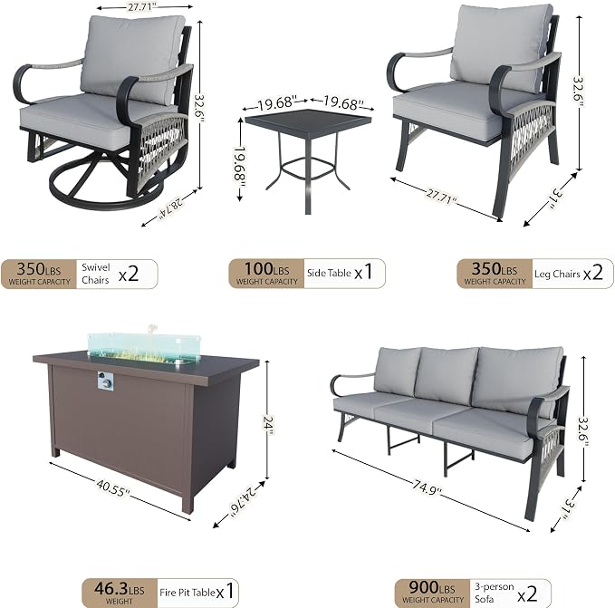 8 Pieces Patio Conversation Sets, All Weather Metal Outdoor Furniture Set 2 Three-Seater 2 Single Chairs 2 Swivel Rockers with Side Table and Fire Pit Table for Backyard Garden Deck Porch, Gray