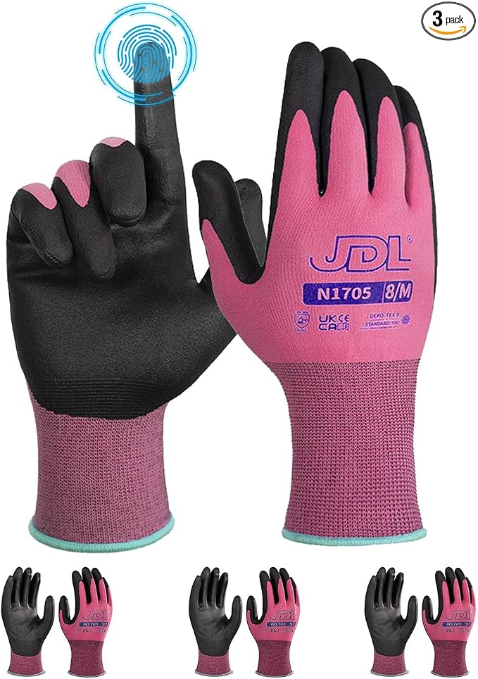 JDL 3 Pairs Microfoam Nitrile-Coated Nylon Work Gloves for Women & Men, Touchscreen Safety Gloves, Lightweight & Breathable with Durable Grip for Construction, Warehouse, Mechanics, Pink, Small