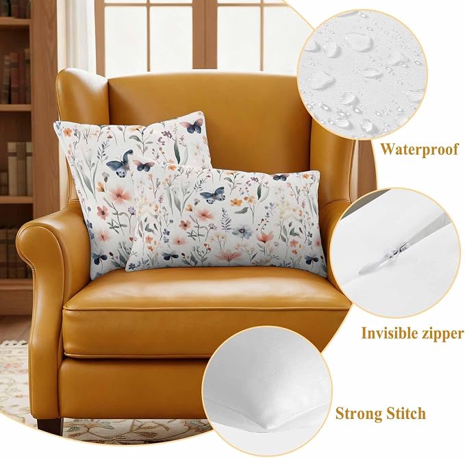 Spring Flower Butterfly Outdoor Waterproof Throw Pillow Covers Set of 2, 24"x24", Retro Watercolor Floral Leaf Decorative Pillow Covers Outside Cushion Case for Patio Porch Garden