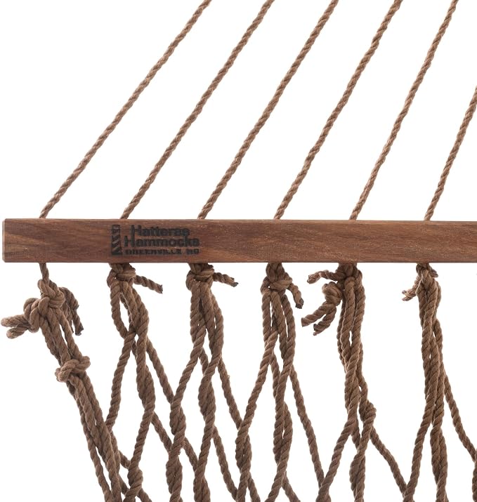 Hatteras Hammocks Small Amtique Brown DuraCord Rope Hammock – 11 ft. x 45 in., 450 lb Capacity, Cumaru Spreader Bar, Zinc-Plated Hardware, Handcrafted in The USA