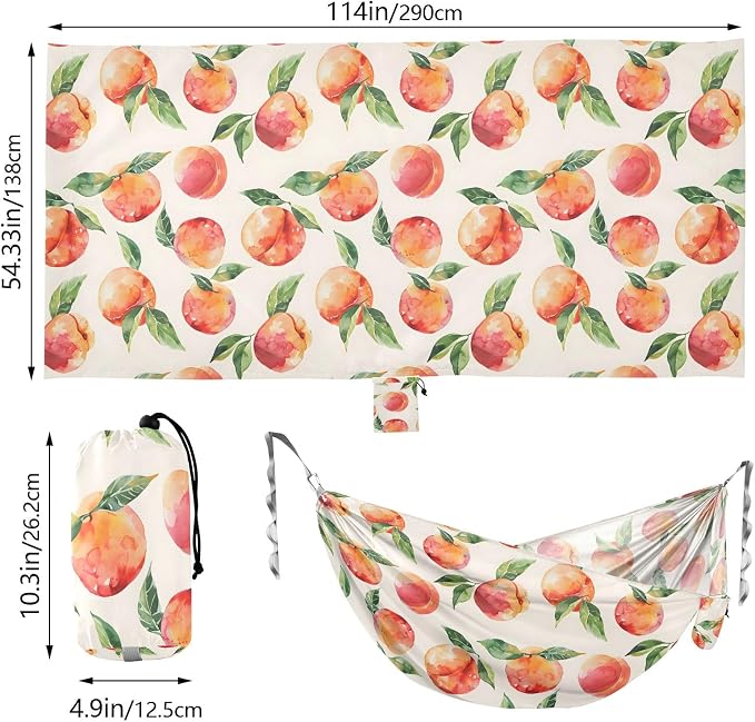Camping Hammock Outdoor Hammocks for Outside Peach Watercolor Style Beach Trees Portable Lightweight with Pockets Tree Straps Indoor Small