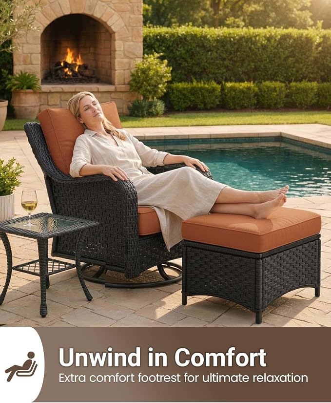 9 Pieces Outdoor Furniture Set with 6-inch Cushions, High Back Wicker Swivel Rocker Chairs with Coffee Table, Luxury Conversation Set for Deck Patio and Poolside