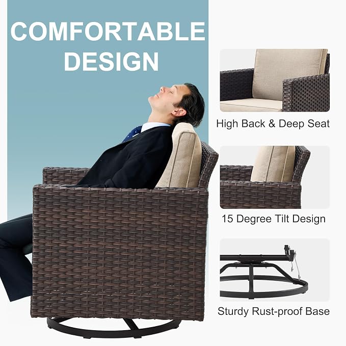Belord 5 Pieces Wicker Patio Furniture Set: 4 Outdoor Swivel Glider Rocker Patio Conversation Set with 50000BTU Propane Fire Pit Table, All Weather Grey Rattan Anti-Rust Frame, Beige Cushion