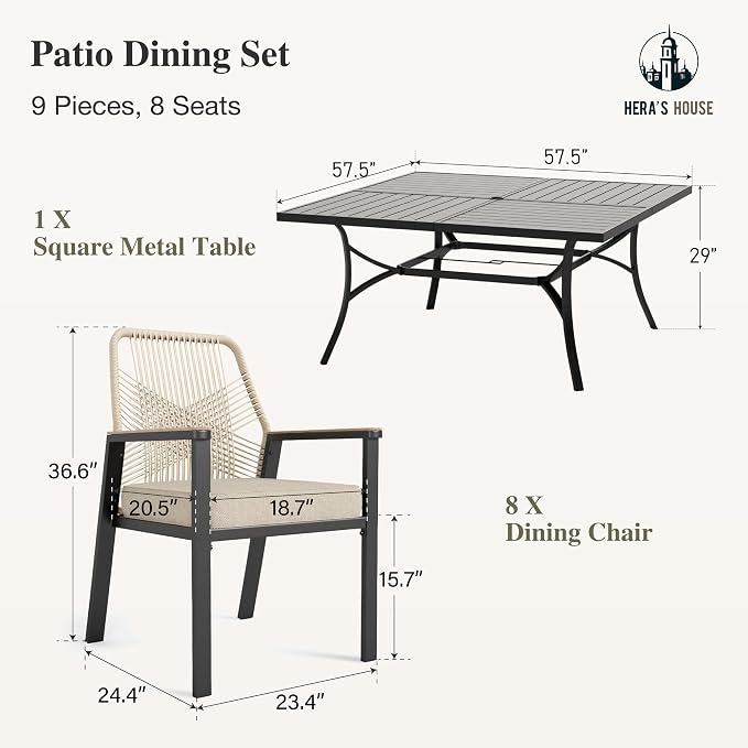 HERA'S HOUSE 9pc Patio Dining Set, 57.5" Metal Table & Rattan Chairs | Square table with umbrella hole, 8 cushioned chairs. Waterproof, rust-resistant, all-weather for backyard, porch.