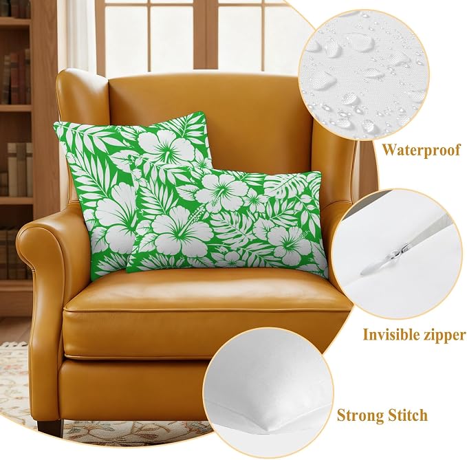 Green Hibiscus Flowers Waterproof Outdoor Pillow Covers Set of 2 Home Decor, Tropical Monstera Leaves Lumbar Pillowcase Patio Pillow Covers for Couch Bench Patio Furniture Garden 20x12in