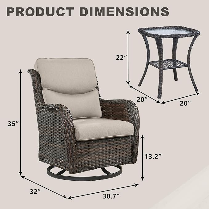 Rilyson Wicker Rocking Chair Swivel Chairs - 3 Piece Rocker Patio Furniture Set Rattan Rocking Bistro Sets with Glass Top Side Table for Outdoor Porch Deck Garden Backyard (Brown/Beige/Smile)