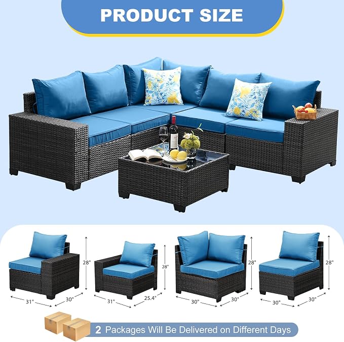 Patio Furniture Set, 6 Pieces Outdoor Couch Sofa with Wider Armrests & Glass Coffee Table, Outdoor Sectional Furniture with Thick Cushions for Party, Poolside,Garden-Peacock