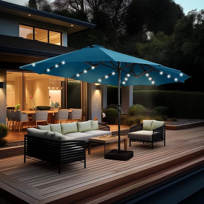 GREEN PARTY 15 ft Large Outdoor Patio Umbrella with Solar Led Lights & Base Included, Double-Sided Rectangular Table Umbrella with Stand, Market Umbrellas for Deck Poolside Garden Backyard, Cerulean