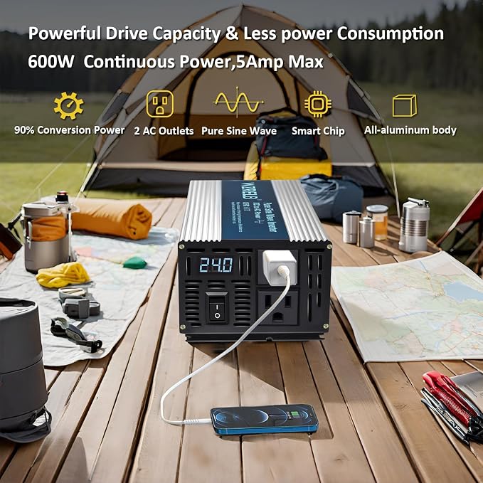 WZRELB 600W Pure Sine Wave Inverter 24V DC to 110V 120V AC Power Converter with LED Display, Remote Controller, Off-Grid Power Inverter 1200W Surge for Home, RV, Truck, Camping
