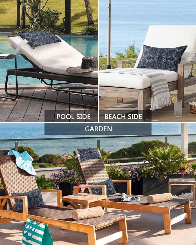 Chaise Lounge Head Resting Pillows,Ethnic Retro Abstract Geometric Texture Blue Outdoor Chaise Pillows,Waterproof Patio Furniture Pillows with Insert and Adjustable Elastic Strap for Beach Chair