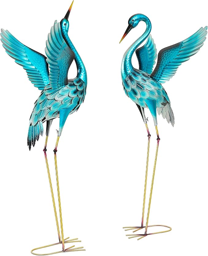47.5" Metal Heron Garden Statue, Oversized Metal Crane Decor | Handcrafted Blue Heron with U-ground Stakes,Weatherproof Iron Bird Art for Backyard, Lawn, Patio