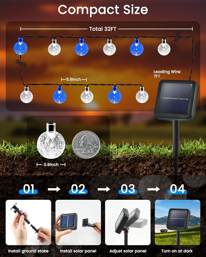 Solar String Lights Outdoor Waterproof 2 Pack 100 LED 64FT Patio Lights | Blue and White Crystal Globe, 8 Lighting Modes, Auto On/Off, Solar Powered Light for Outside Yard Wedding Party Decorations