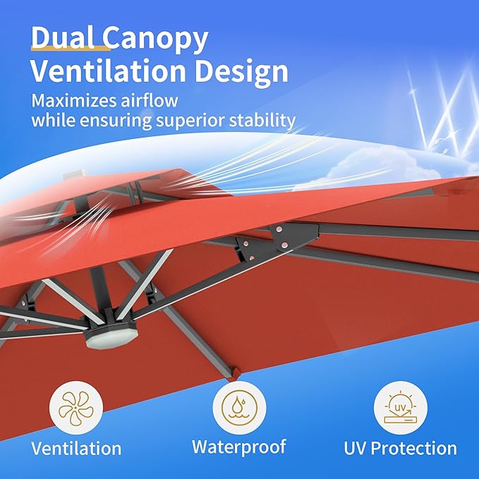 10 X 13 FT Cantilever Patio Umbrella with Led Lights Outdoor Rectangle Offset Large Double Top Heavy Duty Umbrellas with 360°Rotation for Pool Deck Backyard Garden, Wine Red