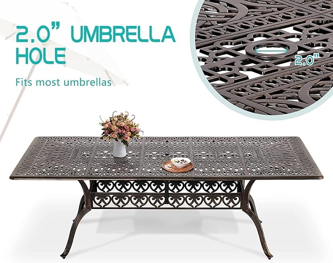 TITIMO 9-Piece Cast Aluminum Patio Furniture Set, Outdoor Patio Dining Set Bistro Conversation Set, All-Weather Rectangular Dining Table Set w/Umbrella Hole (Bronze-Fixed Elizabeth Chair, 9 Pcs)