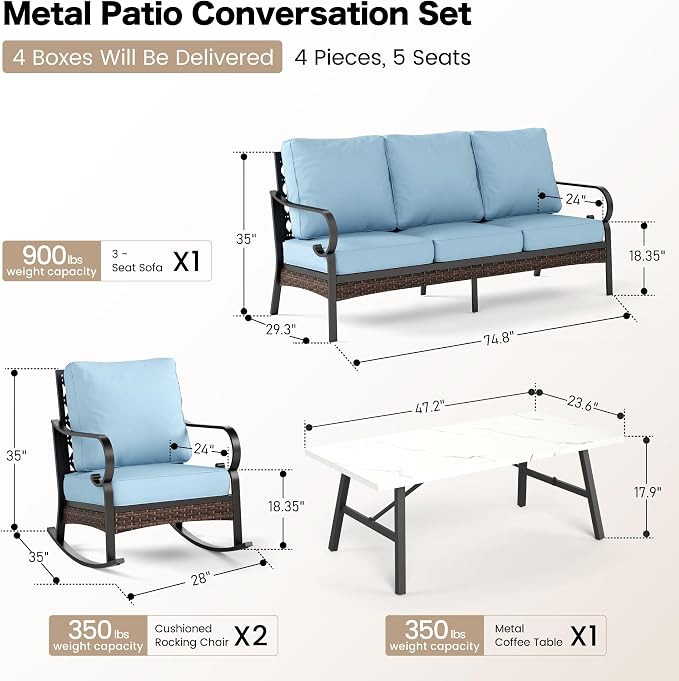 SUNSHINE VALLEY 4 PCS Metal Outdoor Patio Furniture Set, Patio Conversation Sets 1 3-Seater Sofa, 2 Rocking Chairs with 5.75" Extra Thick Cushion & Coffee Table, Black Frame Backyard Furniture, Blue