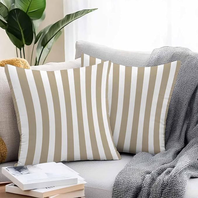 Beige Striped Outdoor Waterproof Throw Pillow Covers 18x18 Set of 2, Modern Farmhouse Beige White Stripes Decorative Pillowcases Cushion Pillowcase for Couch Sofa Patio Outside Pillow Protector