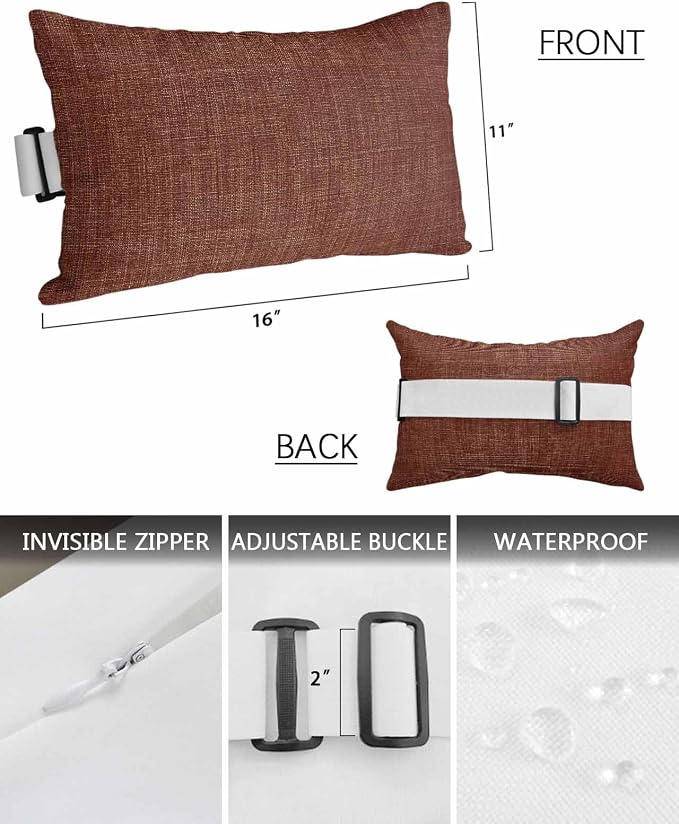 Outdoor Pillow for Chaise Lounge Chair Brown Rustic Vintage Burlap Texture Outdoor Pillows Waterproof with Adjustable Strap Headrest Lumbar Pillows for Garden Patio Furniture 2 Pack 11" x 16"