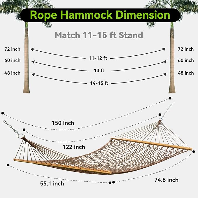 ANAGOO 2-Person Handwoven Rope Hammock with Spreader Bar, Brown