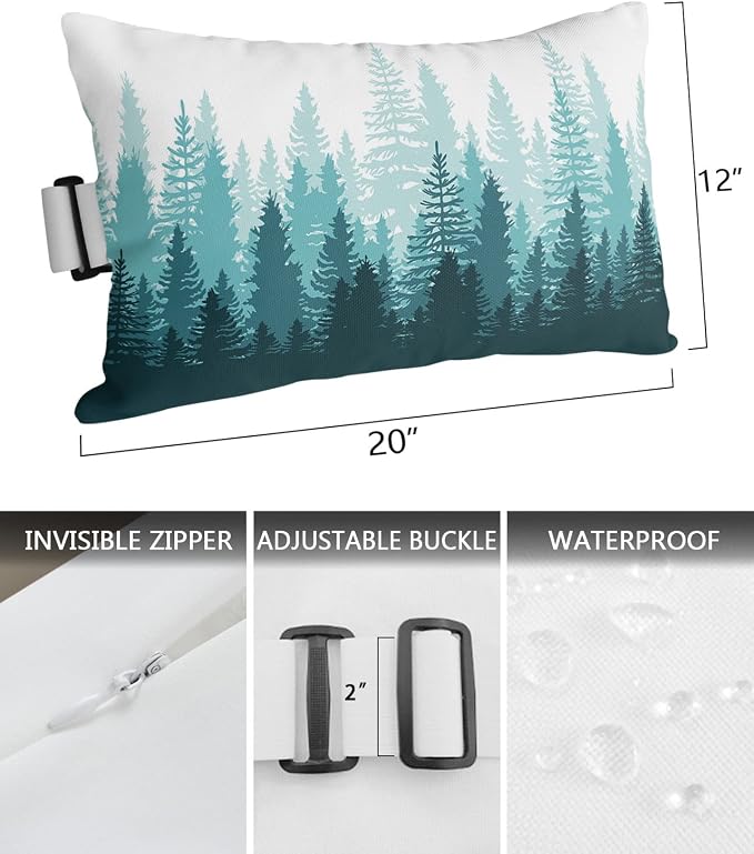 Outdoor Pillows Covers with Inserts Forest Tree Silhouette Teal Green Abstract Gradient Waterproof Pillow with Adjustable Strap Throw Pillows for Patio Furniture Recliner Lounge Chair, 12" x 20", 1PCS