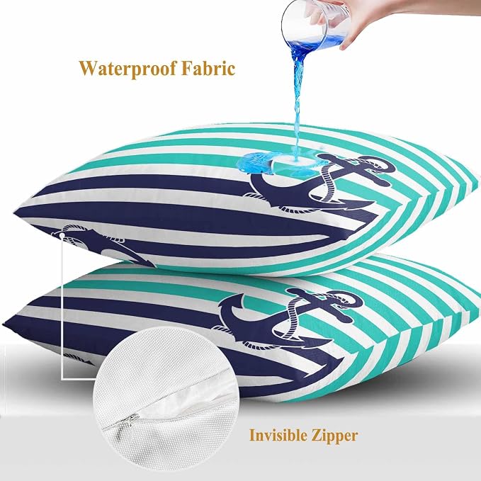 Throw Pillow Covers 20x20 Inch Set of 2, Anchor Turquoise Waterproof Outdoor Cushion Covers, Modern Navy Blue White Striped Nautical Decorative Pillowcases for Couch, Sofa, Bed, Garden, Patio