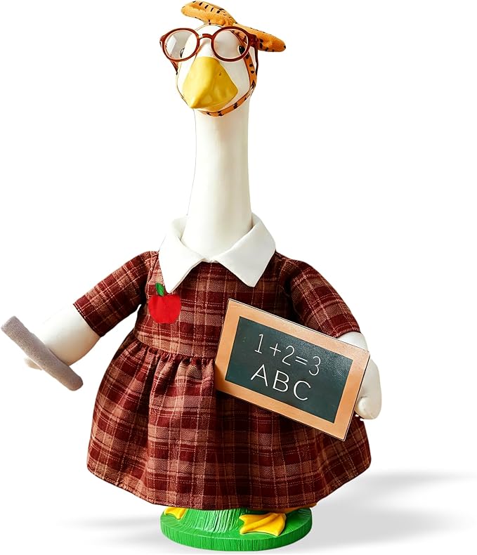 Back to School Porch Goose Outfit – Teacher Costume Set with Ruler Headpiece, Glasses, Plaid Skirt, Exam Papers & Chalkboard Prop for 23'' H Plastic/Cement Statues, Classroom Yard Garden Decor