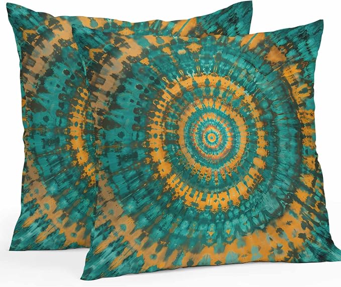 Vandarllin Outdoor Throw Pillows Covers 20x20 inch Set of 2 Waterproof Turquoise Yellow Tie-Dye Art Decorative Zippered Cushion Covers for Patio Furniture, Abstract Boho Tribe Lumbar Pillowcases