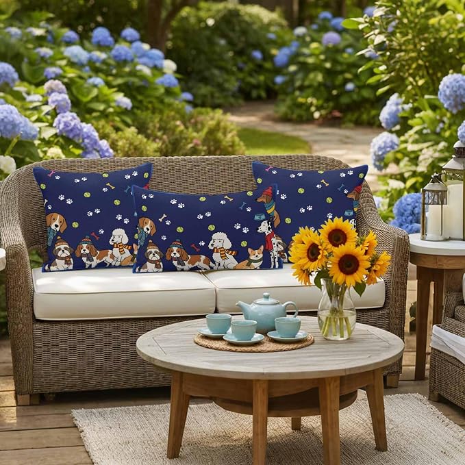 Cartoon Dogs Outdoor Pillow Covers 18x18 Inch Throw Pillow Covers Set of 2 Waterproof Decorative Pillow Cases Navy Blue Cute Animals Dogs Paws Prints Cushion Covers for Patio Furniture Garden Couch