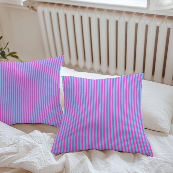 Throw Pillow Covers 20x20 Inch Set of 2, Purple Striped Waterproof Outdoor Cushion Covers, Geometric Pink Vertical Solid Rainbow Decorative Pillowcases for Couch, Sofa, Bed, Garden, Patio
