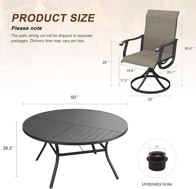 VICLLAX Patio 7 Pieces Outdoor Dining Set, 50" Round Metal Table with Umbrella Hole and 6 Swivel Textilene Chairs for Lawn, Garden, Porch, Black/Brown