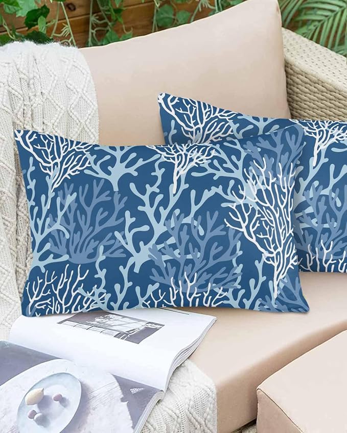 Outdoor Waterproof Throw Pillow Covers Set of 2 Blue Coral Lumbar Pillowcases 20x12 Inches Nautical Coastal Marine Life Patio Decorative Pillows Cushion Case Patio Pillows for Couch Bed Chair Garden