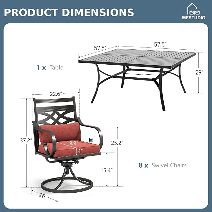 MFSTUDIO 9-Piece Patio Dining Set, 57.5" Square Metal Table, Swivel Chairs | Umbrella Hole, Red