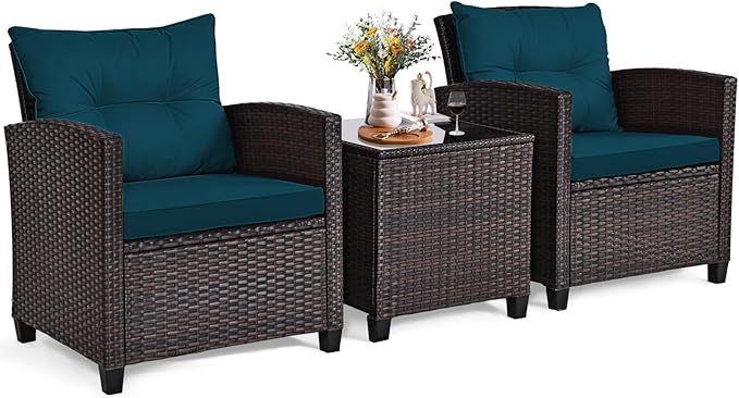 ORALNER 3 Pieces Patio Furniture Set, Outdoor Wicker Conversation Set Rattan Chairs with Cushions, Glass Coffee Table, Bistro Set for Front Porch Balcony Garden Deck Poolside (Peacock Blue)