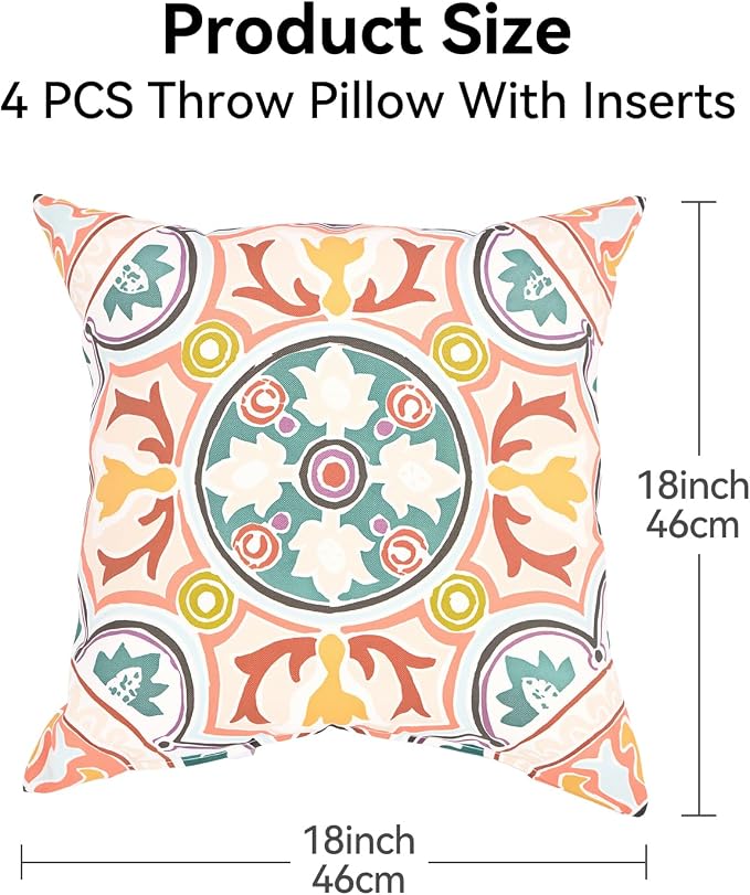 Outdoor Throw Pillows Waterproof Set of 4 18x18 Inches Colorful Kaleidoscope Outdoor Decorative Pillows with Insert for Bed, Couch, Sofa and Patio Furniture
