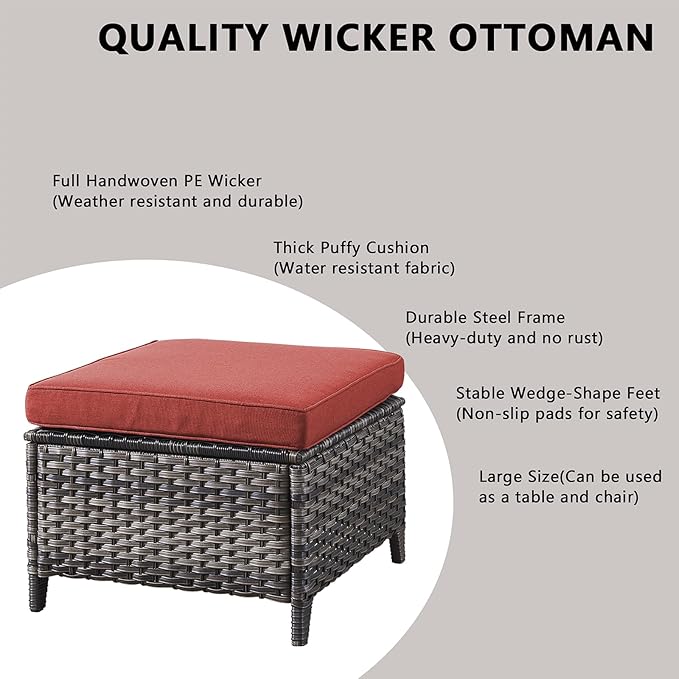 Rilyson Luxury Outdoor Wicker Patio Ottomans Set of 2, 250 lbs Capacity Rattan Large Ottomans for Patio Footrest Set 22.8in*22.8in*14in with 3.5in Thick Cushion (Mixed Grey/Red)