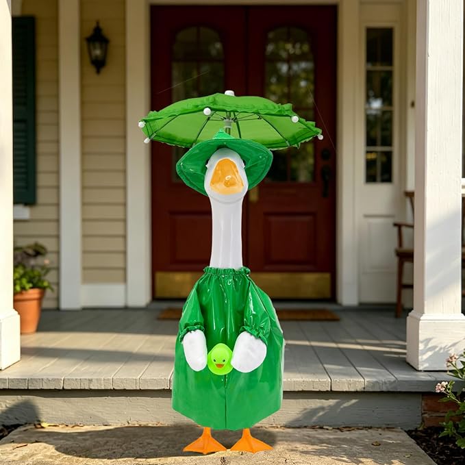 23 Inch Porch Goose Raincoat Outfit Set with Umbrella & Baby Duck Companion, Waterproof Geese Clothes for 19–23 Inch Goose and Duck Statues,Garden Yard Patio Outdoor Decor