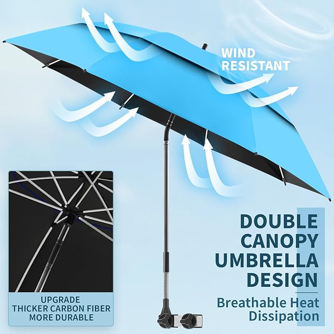 48.6" Double Canopy Beach Umbrella with Clamp, UPF50+ Beach Chair Umbrella with clip, 360°Adjustable Portable Outdoor Wheelchair, Patio, Golf Carts,Camping(Sky/Blue)