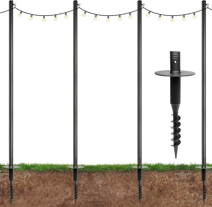EXCELLO GLOBAL PRODUCTS Premium String Light Poles - 4 Pack - Extends to 10 Feet – Yard Mount (Grass/Dirt) | Yard Mount, Grass/Dirt
