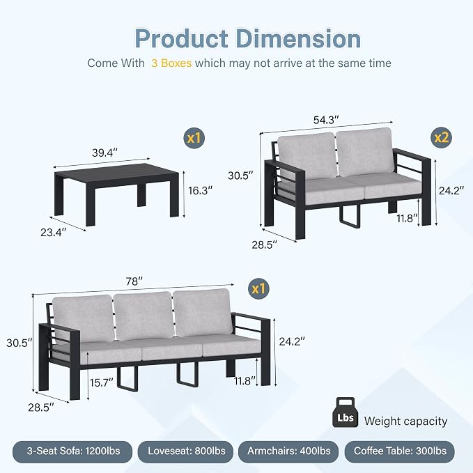 7-Seat Aluminum Patio Furniture Set, 4-Piece Oversized Metal Outdoor Conversation Set with 4" Thick Washable Cushions, Sectional Sofa with Coffee Table for Backyard, Garden, Poolside