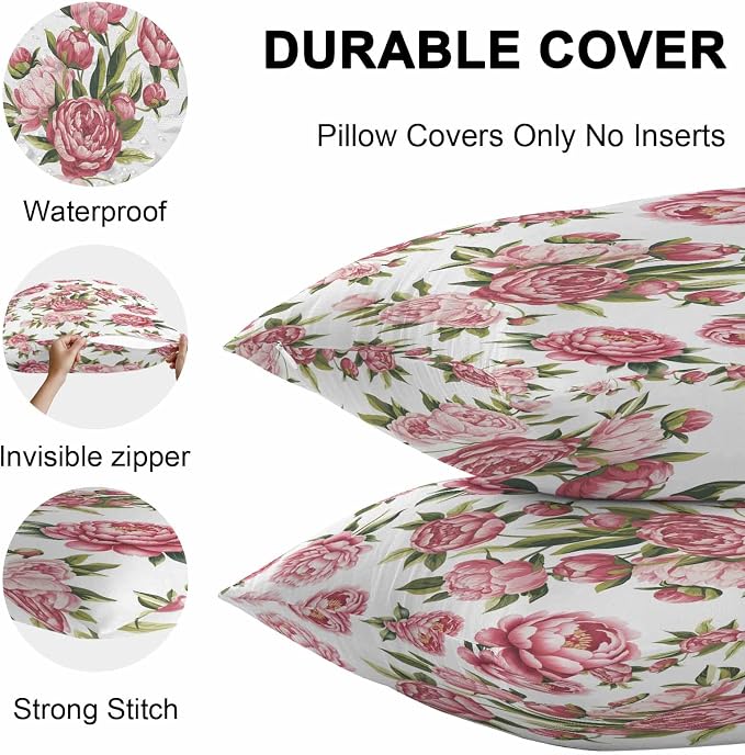 Vandarllin Outdoor Throw Pillows Covers 20x12 inch Set of 2 Waterproof Pink Rose Floral Decorative Zippered Cushion Covers for Patio Furniture, Leaves Flowers Lumbar Pillowcases